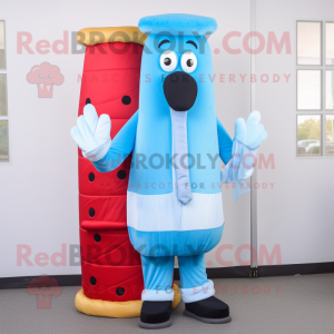 Sky Blue Hot Dogs mascot costume character dressed with a Waistcoat and Cummerbunds