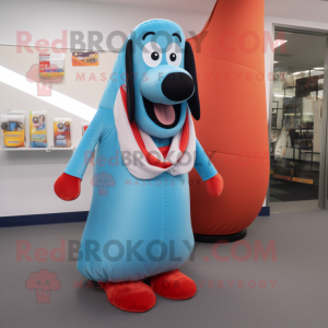 Sky Blue Hot Dogs mascot costume character dressed with a Waistcoat and Cummerbunds