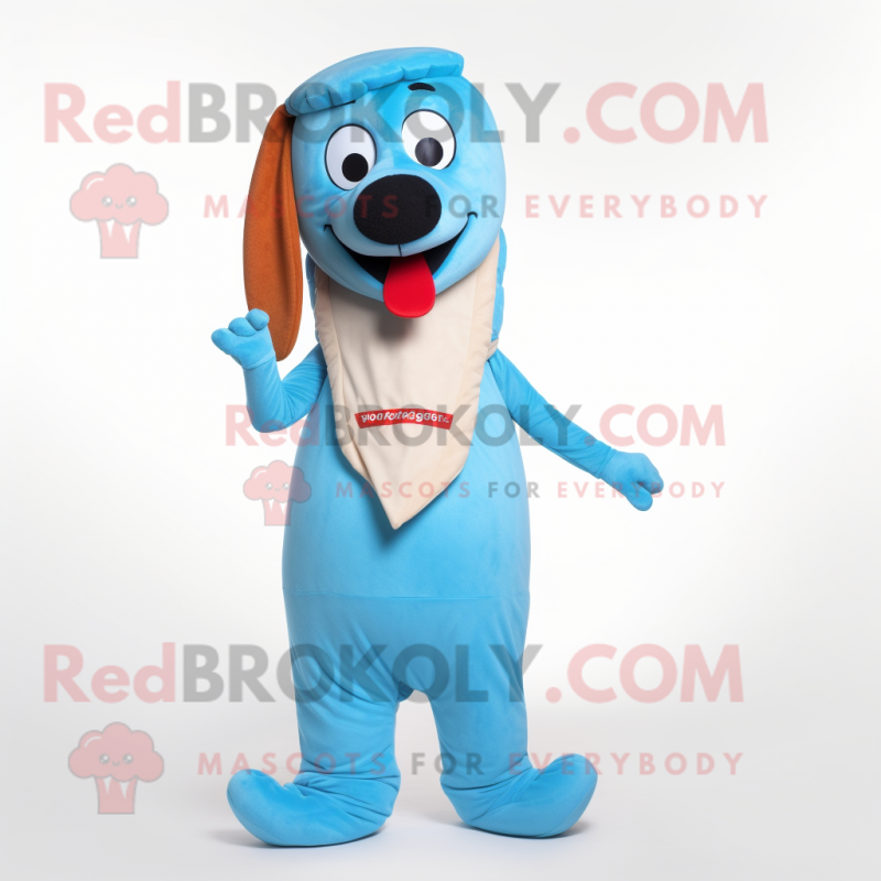 Sky Blue Hot Dogs mascot costume character dressed with a Waistcoat and Cummerbunds Sky Blue Hot Dogs mascot costume character dressed with a Waistcoat and Cummerbunds