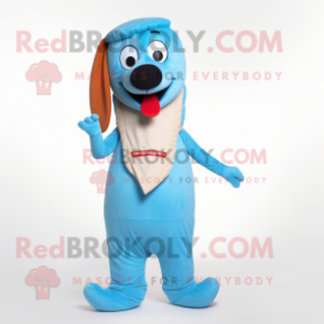 Sky Blue Hot Dogs mascot costume character dressed with a Waistcoat and Cummerbunds