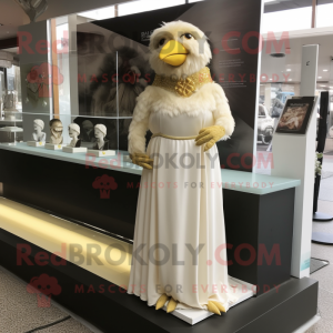 Beige Canary mascot costume character dressed with a Wedding Dress and Bracelet watches