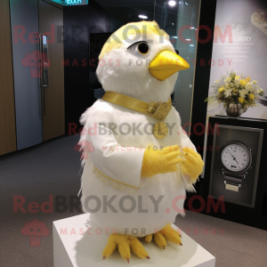 Beige Canary mascot costume character dressed with a Wedding Dress and Bracelet watches