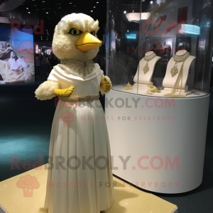 Beige Canary mascot costume character dressed with a Wedding Dress and Bracelet watches