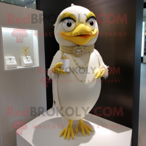 Beige Canary mascot costume character dressed with a Wedding Dress and Bracelet watches