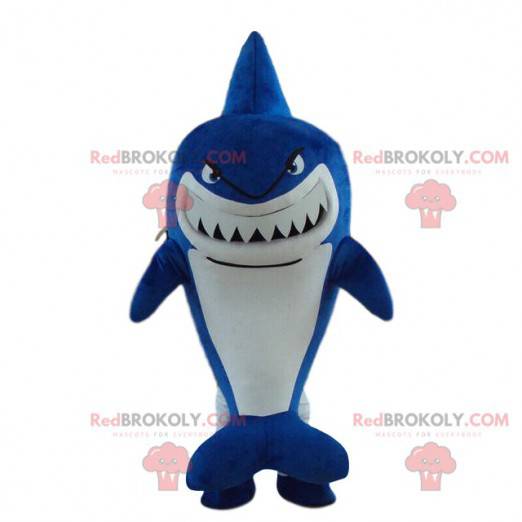Mascotte blauwe haai, haaienkostuum, vermomming van de zee -