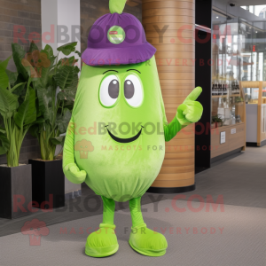 Lime Green Eggplant mascot costume character dressed with a T-Shirt and Berets