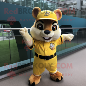 Lemon Yellow Chipmunk mascot costume character dressed with a Baseball Tee and Bracelets