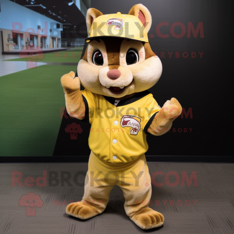 Lemon Yellow Chipmunk mascot costume character dressed with a Baseball Tee and Bracelets Lemon Yellow Chipmunk mascot costume character dressed with a Baseball Tee and Bracelets