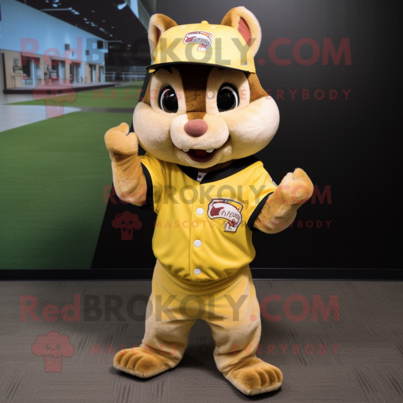 Lemon Yellow Chipmunk mascot costume character dressed with a Baseball Tee and Bracelets