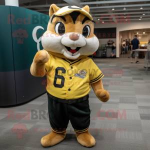 Lemon Yellow Chipmunk mascot costume character dressed with a Baseball Tee and Bracelets