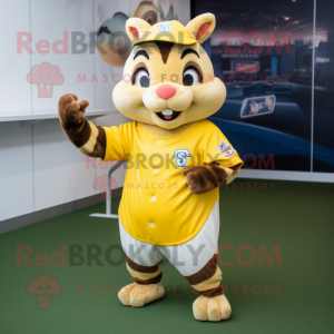 Lemon Yellow Chipmunk mascot costume character dressed with a Baseball Tee and Bracelets