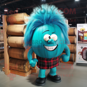 Turquoise Human Cannon Ball mascot costume character dressed with a Flannel Shirt and Hair clips