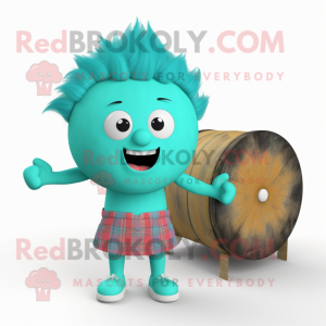 Turquoise Human Cannon Ball mascot costume character dressed with a Flannel Shirt and Hair clips