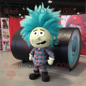 Turquoise Human Cannon Ball mascot costume character dressed with a Flannel Shirt and Hair clips