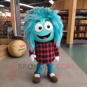 Turquoise Human Cannon Ball mascot costume character dressed with a Flannel Shirt and Hair clips