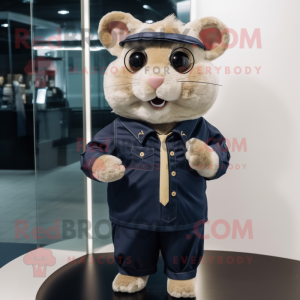 Navy Hamster mascot costume character dressed with a Corduroy Pants and Eyeglasses