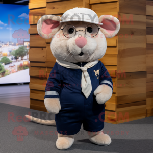 Navy Hamster mascot costume character dressed with a Corduroy Pants and Eyeglasses