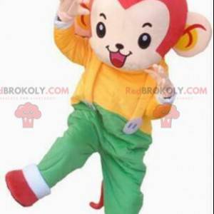 Mascote de macaco com roupa colorida, fantasia de macaco