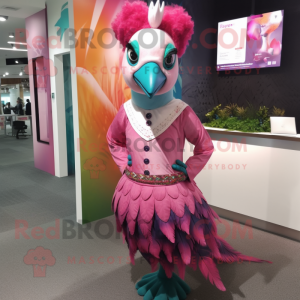 Pink Peacock mascot costume character dressed with a Blouse and Pocket squares
