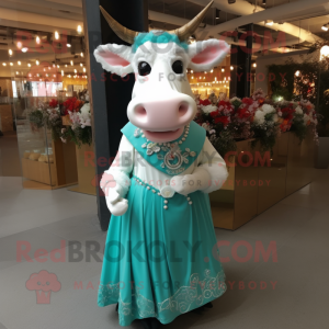 Turquoise Cow mascot costume character dressed with a Wedding Dress and Cummerbunds