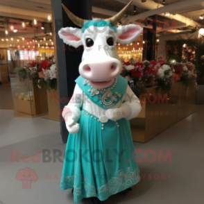 Turquoise Cow mascot costume character dressed with a Wedding Dress and Cummerbunds