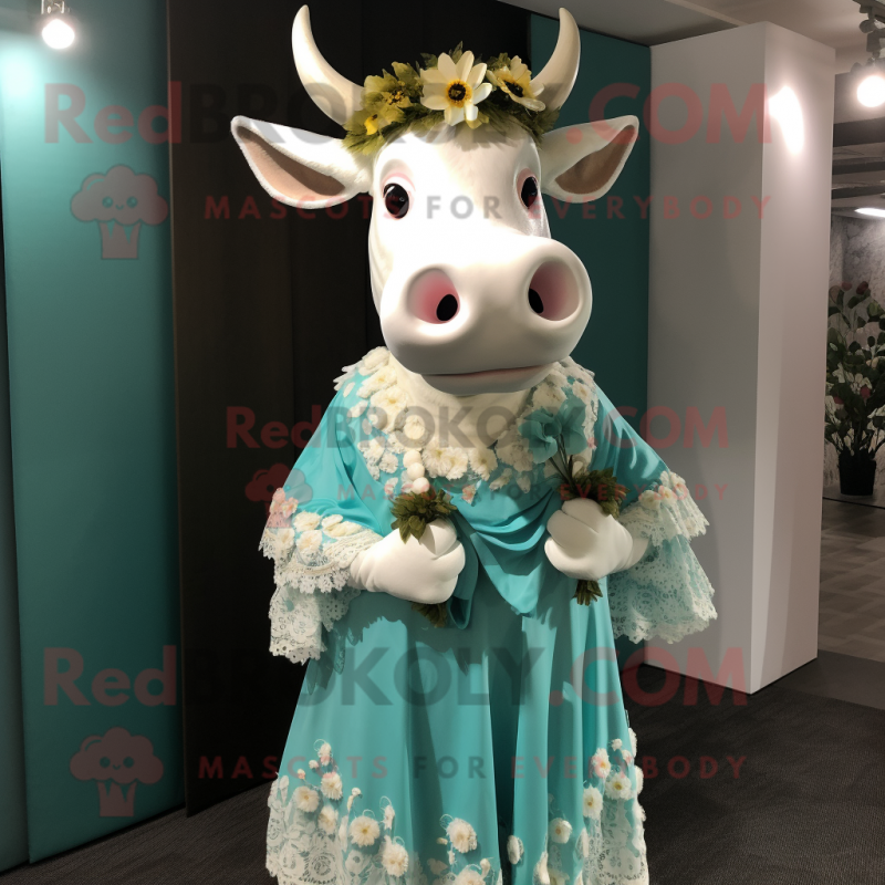 Turquoise Cow mascot costume character dressed with a Wedding Dress and Cummerbunds