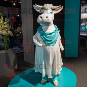 Turquoise Cow mascot costume character dressed with a Wedding Dress and Cummerbunds