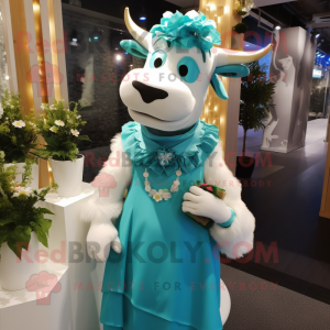 Turquoise Cow mascot costume character dressed with a Wedding Dress and Cummerbunds