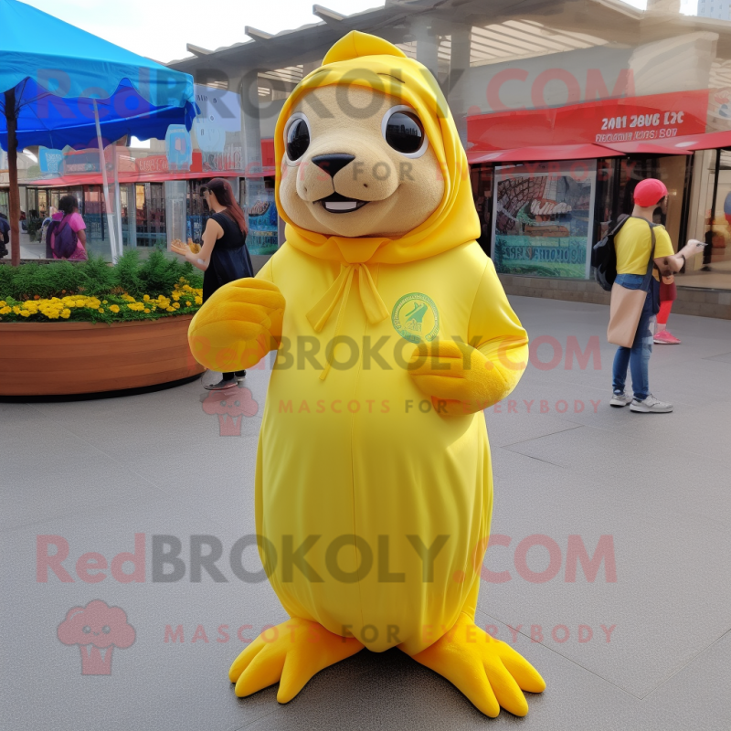 Lemon Yellow Sea Lion mascot costume character dressed with a A-Line Skirt and Beanies