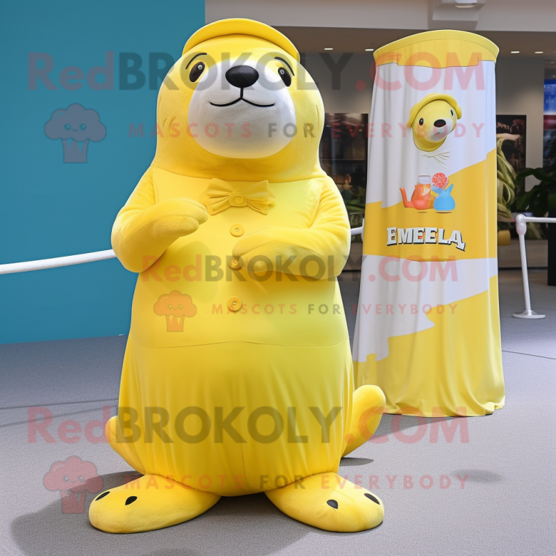 Lemon Yellow Sea Lion mascot costume character dressed with a A-Line Skirt and Beanies