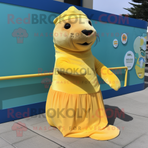 Lemon Yellow Sea Lion mascot costume character dressed with a A-Line Skirt and Beanies