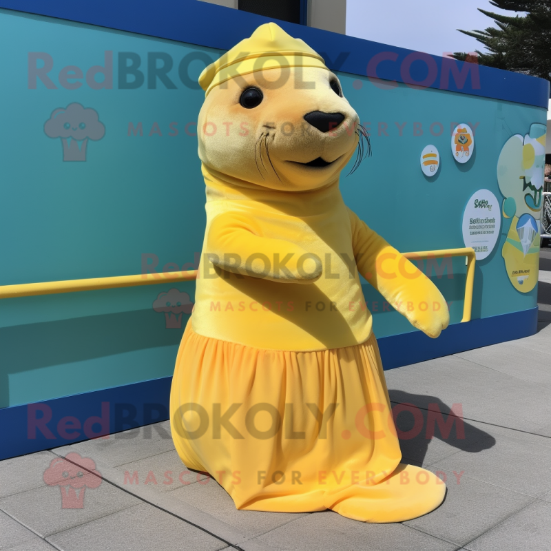 Lemon Yellow Sea Lion mascot costume character dressed with a A-Line Skirt and Beanies Lemon Yellow Sea Lion mascot costume character dressed with a A-Line Skirt and Beanies