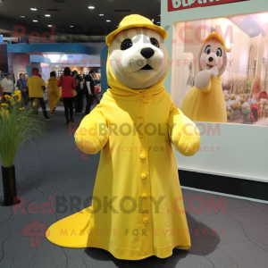 Lemon Yellow Sea Lion mascot costume character dressed with a A-Line Skirt and Beanies