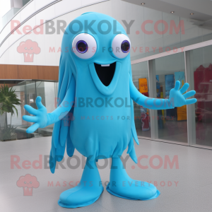 Sky Blue Squid mascot costume character dressed with a Bodysuit and Gloves