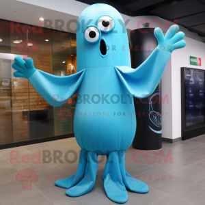 Sky Blue Squid mascot costume character dressed with a Bodysuit and Gloves