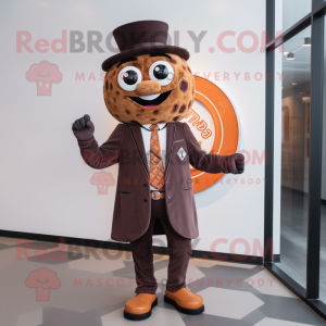 Brown Pizza mascot costume character dressed with a Suit Jacket and Mittens