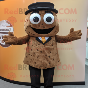 Brown Pizza mascot costume character dressed with a Suit Jacket and Mittens