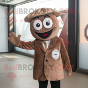 Brown Pizza mascot costume character dressed with a Suit Jacket and Mittens