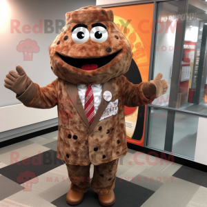 Brown Pizza mascot costume character dressed with a Suit Jacket and Mittens