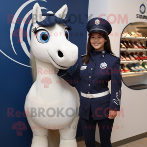 Navy Mare mascot costume character dressed with a One-Piece Swimsuit and Brooches