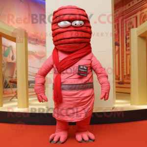 Red Mummy mascot costume character dressed with a Bermuda Shorts and Clutch bags