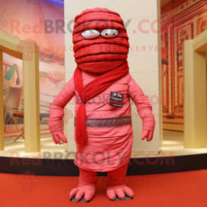 Red Mummy mascot costume character dressed with a Bermuda Shorts and Clutch bags