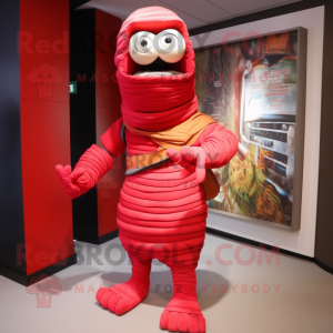 Red Mummy mascot costume character dressed with a Bermuda Shorts and Clutch bags