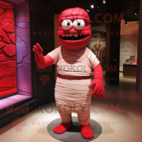 Red Mummy mascot costume character dressed with a Bermuda Shorts and Clutch bags