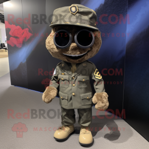 Black Army Soldier mascot costume character dressed with a Corduroy Pants and Hat pins
