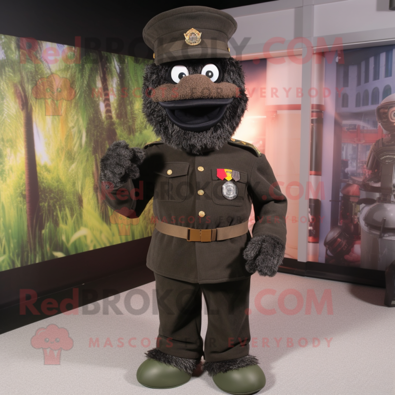 Black Army Soldier mascot costume character dressed with a Corduroy Pants and Hat pins