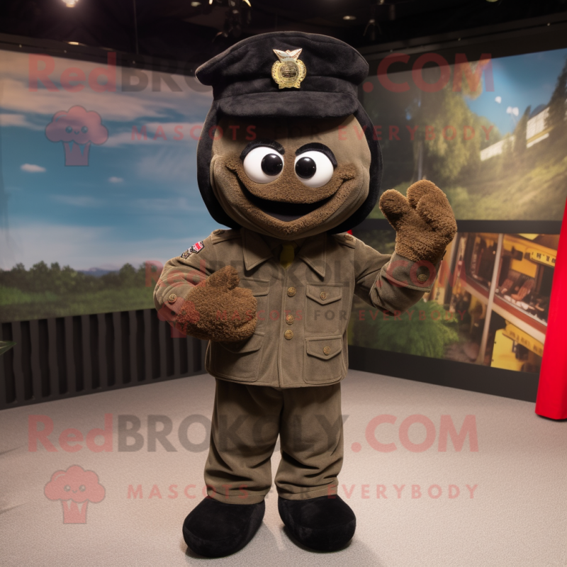 Black Army Soldier mascot costume character dressed with a Corduroy Pants and Hat pins