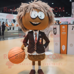 Brown Volleyball Ball mascot costume character dressed with a Blazer and Hair clips