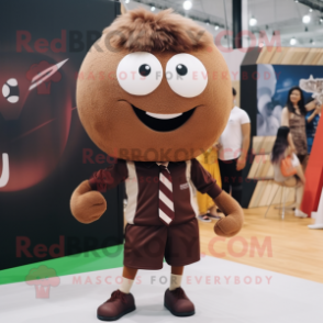 Brown Volleyball Ball mascot costume character dressed with a Blazer and Hair clips