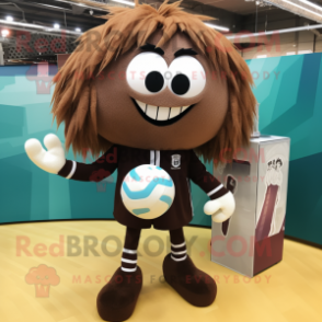 Brown Volleyball Ball mascot costume character dressed with a Blazer and Hair clips